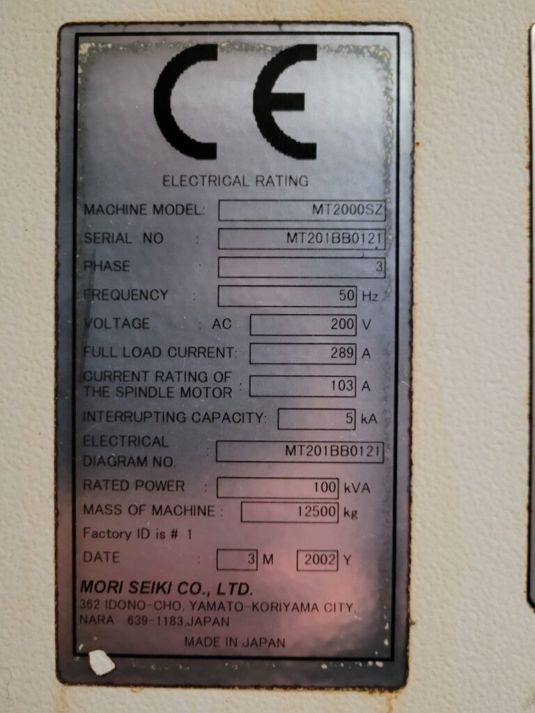 Plaque de machine Mori Seiki MT2000SZ - Données techniques en un coup d'œil