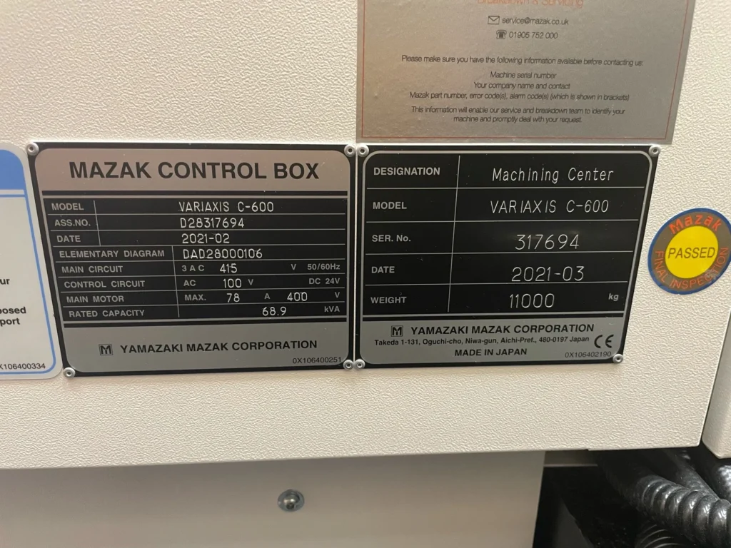 Mazak-Variaxis-C600-Typenschild